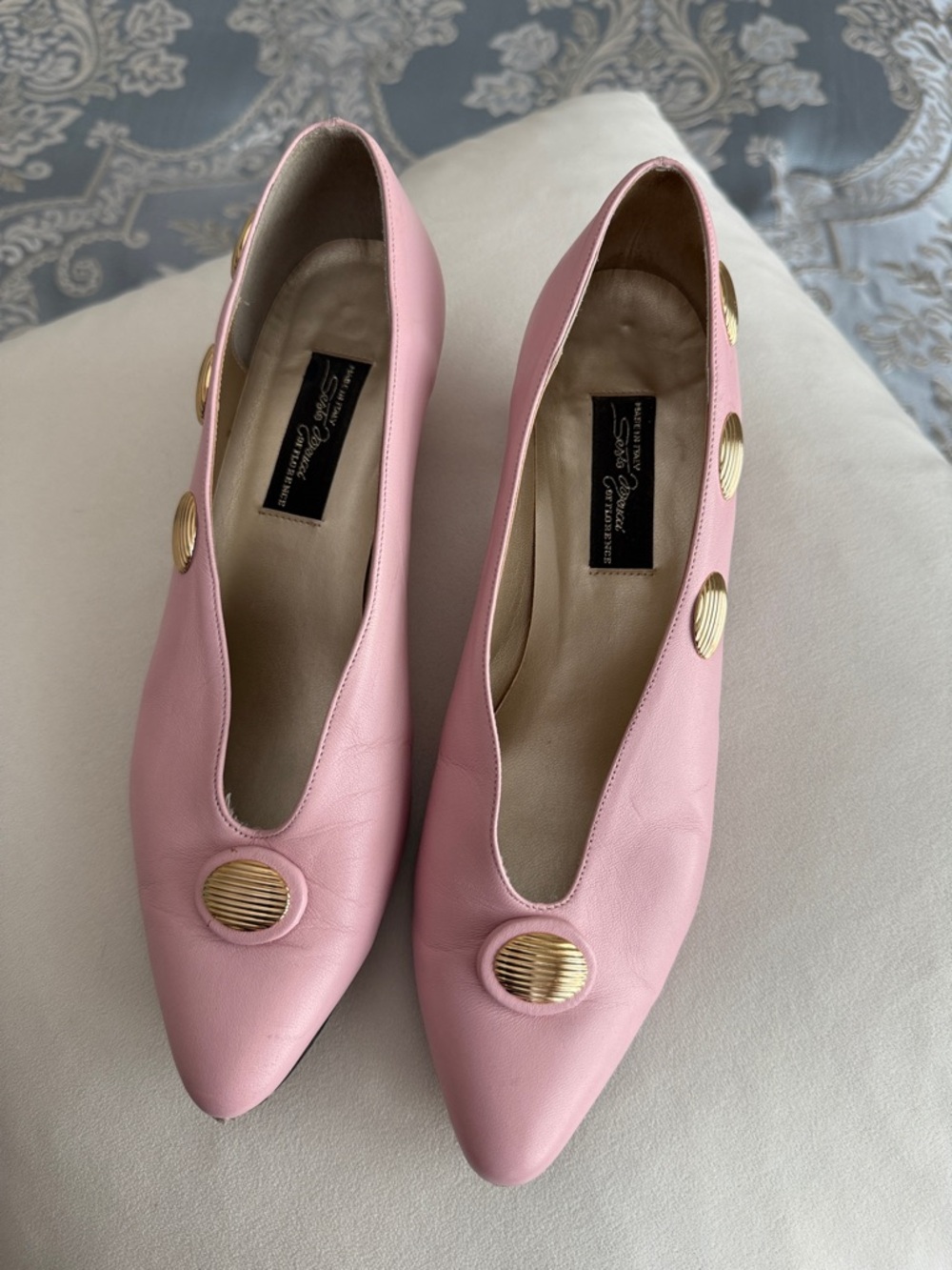 Sesto Meucci Pink Leather Pointed Toe Heels with Gold Disc Accents